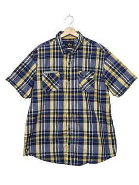 Lois  Short Sleeve Plaid Button-Up Shirt - Navy & Yellow  Mens Size US XL